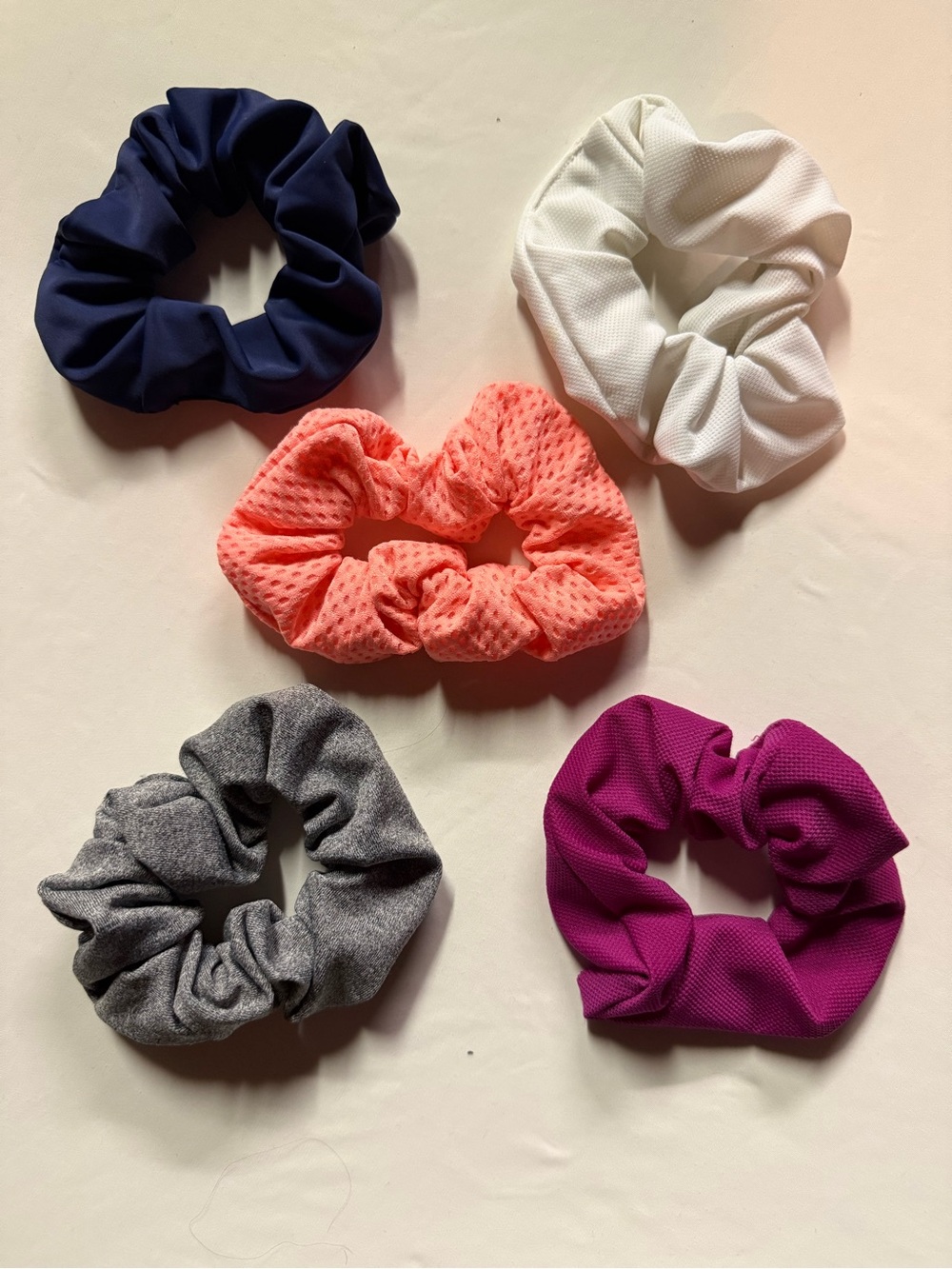 GAP Five-Pack Stretch Scrunchies in Navy, White, Coral, Gray, Magenta